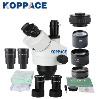 KOPPACE 2.1 X-180X Trinocular Stereo Zoom Mikroskop, s WF10X/20 WF20X/10 Široko polja Okularja 0.5 X 2,0 X Barlow Leča