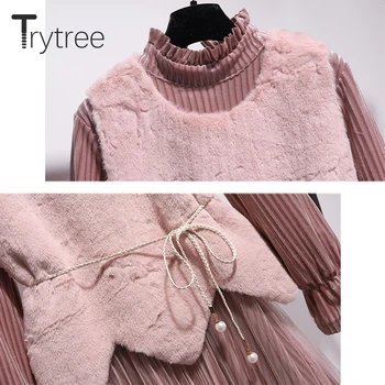 Trytree 2020 Jeseni, Pozimi Dva kosa iz Priložnostne Turtleneck Naguban Flare Rokav Obleka + Telovnik Pasu Urad Dama Set 2 Kos