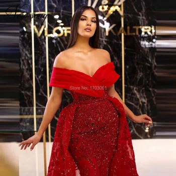 Rdeča Beaded Prom Obleke Formalno Izpopolnjevanje Po Rami Večerno Obleko Savdska Arabija Slaven Prom Oblačenja Dubaj 2020 Po Meri Haljo De Soiree