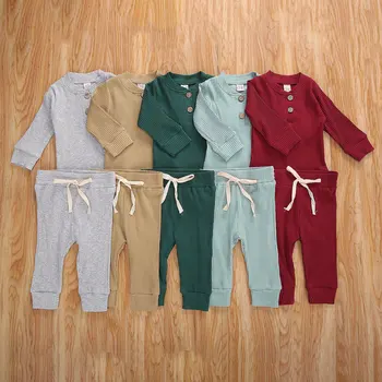 Newborn Baby Fantje Dekleta Oblačila, ki Jeseni Gumb Bombaž Trdna Belušno Dolgimi Rokavi Jumpsuit+Hlače 2Pcs Obleke Obleko Pižamo Set