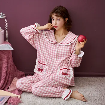 NIGHTWA Pozimi Pižamo Za Ženske Sleepwear Bombaža Ženske Pižame Nastavite Dolgimi Rokavi+Kariran Hlače More Jopico Pijama Pyjama