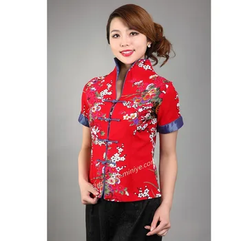 Rdeča Letnik Poletni Kitajski tradiciji Slog Žensk vrh bluzo majica S M L XL XXL 3XL 021110