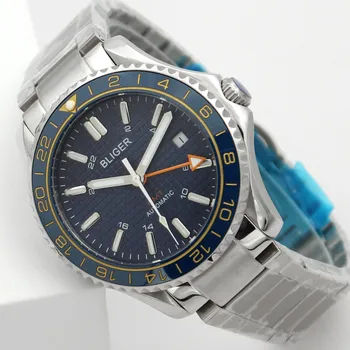 Bliger 41mm Modra Številčnica Mens Autometic Watch Datum Okno Svetlobna Nepremočljiva Safirno Steklo Mehanske GMT Watch