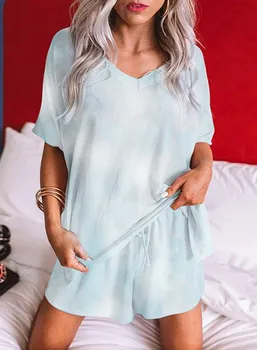 2020 Nov Prihod Tie-dye Ženske Pižame Določa Dve Kosov Kratek Rokav+hlače Priložnostne Trenirko Svoboden V Vratu Vezna Bombaž Sleepwear