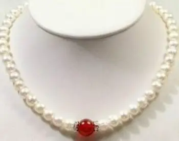 Nova moda 7-8 mm naravnih sladkovodnih kultiviranih white pearl nearround kroglice, rdeča ogrlica chalcedony ženske verige nakit 18