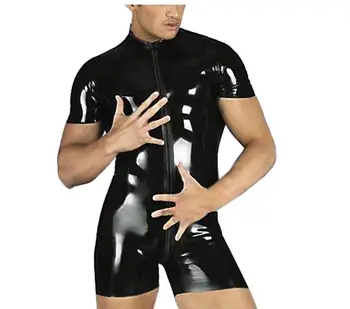 Moker Videz latex Catsuit Umetno Usnje Jumpsuits Črna debela PVC Bodysuits Seksi Clubwear Moških Odprite Mednožje Perilo Telo Obleko