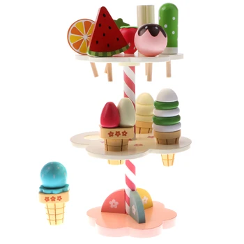 11 KOS Lesenih 3-Layer Strawberry Ice Cream Stand Otroci Hrane Pretvarjamo, Set za Igranje