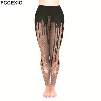 FCCEXIO Ženske Dokolenke Visoko Pasu Fitnes Legging ribja mreža Luknje 3D Tiskanja Leggins Ženske Hlače Nova Vaja Dokolenke Slim Hlače