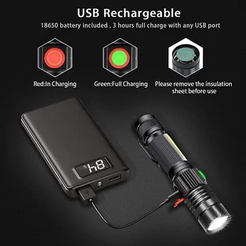 8000LM USB Polnilna Svetilka Super Svetlih LED Magnetni Baklo z Cob Sidelight žep posnetek Zoomable za Kampiranje