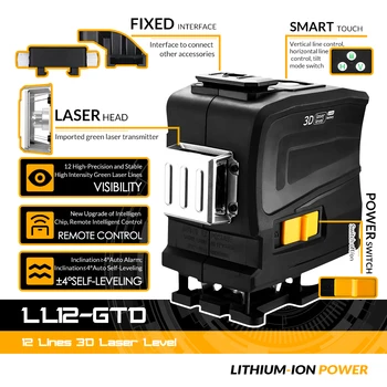 DEKO LL12-GTD 3D 12 Linije Laser Ravni z 2600mAh Baterija Horizontalno&Navpično Self-Izravnavanje Zeleni Žarek Uporabo za v zaprtih Prostorih/na Prostem