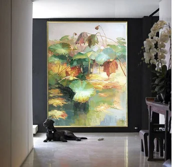 Ročno Naslikane Pokrajine Oljna slika, Velike Sodobne Cvet v Ribniku Domu Dekorativni Lotus Ribnik Ročno Lotus Slikarske Umetnine