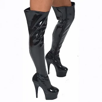 črna 6 inch visoke pete, škornji z visoko stegno za ženske zadrgo motorno kolo Ročno Izdelani čevlji z Visoko Peto Čevlje visok seksi pole dancing čevlji