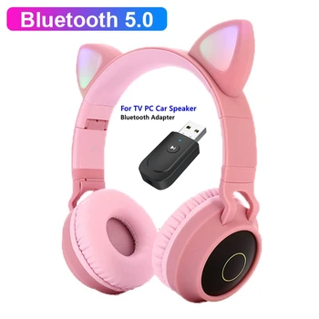 Luštna Mačka LED Bluetooth 5.0 Slušalke S TV PC Avto Prenosni Bluetooth Brezžični Adapter Noise Cancel Glasbe Čelado Za Otroka Dekle