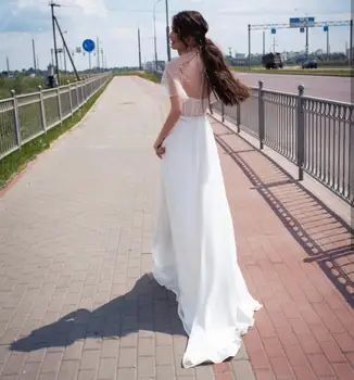 Poročna Obleka 2021 Boho Krasen A-line Bohemain Backless Dolžina Tal Z Zaviti Plaži Preprost Šifon Plaži Seksi Haljo De Mariee