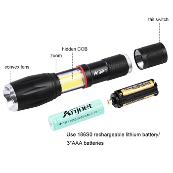 Anjoet LED Taktično svetilko strani svetilka COB design T6 Zoomable baklo Magnetni 6 svetlobe načini za 18650 baterije + polnilec