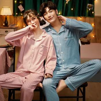2020 Jeseni Par Pižamo Komplet Bombaž Svoboden Pižame Ženske Moški Dolg Rokav Homewear Ljubitelje Nightgowns Kariran Pajama Set