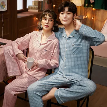 2020 Jeseni Par Pižamo Komplet Bombaž Svoboden Pižame Ženske Moški Dolg Rokav Homewear Ljubitelje Nightgowns Kariran Pajama Set