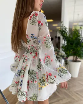 Ženske Obleka za Pomlad Očesa Vezenino Seksi Proti-Vrat Obleke 2020 Srčkan Luč Rokav Mini Obleka