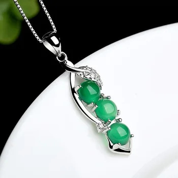Kitajski Naravnih Green Jade Chalcedony Grah Obesek 925 Srebrna Ogrlica Ročno Izrezljane Čar, Moda Nakit Amulet za Ženske, Darila