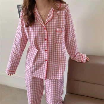 ženske/moški par, homewear bombažno pižamo nastavite kariran sleepwear priložnostne roza modra domov oblačila sklop 2 kos bluzo in hlače Y276