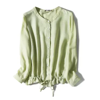 Zelena Ženske Majice 70% Svile+30% Bombaž Priložnostne O-Vratu Lepe Ženske Bluze Priložnostne Long Sleeve Majica 2020 pomlad