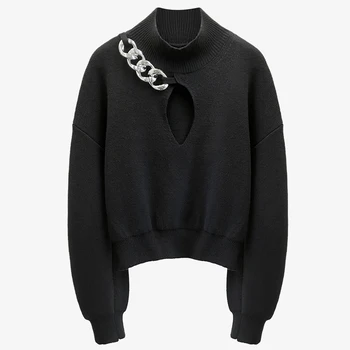 DEAT 2020 jeseni in pozimi turtleneck luč rokavi verige iver barva črna pletenje puloverju majica moški top WO32101L