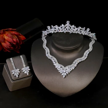 Moda preprost 3A pregleden kubičnih cirkonij ogrlica, uhani, zapestnica krono nakit set poroka poročni nakit set T0866