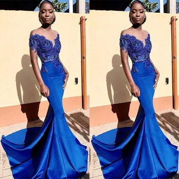 Royal Modra Maturantski Večerne Obleke Dolgo 2020 Off Ramenski Afriške Saten Dolgo Posebne Priložnosti Obleke Z Aplicirano Kroglice