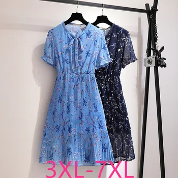 Nov poletni plus velikost dolga obleka za ženske velika kratek rokav priložnostne elastični pas cvetlični naguban obleke modre 4XL 5XL 6XL 7XL