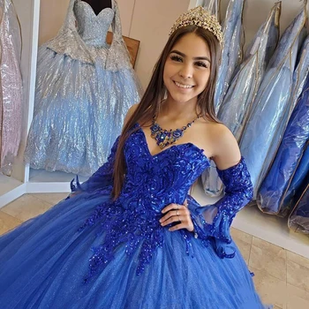 Princesa arabski Kraljevsko Modra Quinceanera Obleke 2020 Čipke Aplicirano Beaded Ljubica Prom Obleke Čipke-up Sweet 16 Stranka Obleko