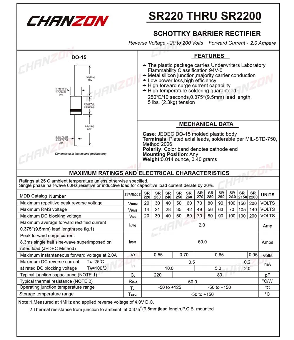(100 Kos) SR2100 (SB2100) Schottky Barrier Usmernik Diode 2A 100V DO-15 (NE-204AC) Aksialni 2 Amp 100 Volt SR 2100