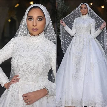 Haljo de mariee Meri Visoko Vratu Dolge Rokave Muslimanskih Poročne Obleke 2020 Luksuzni Princesa Čipke Žogo Obleke Poroka Oblek