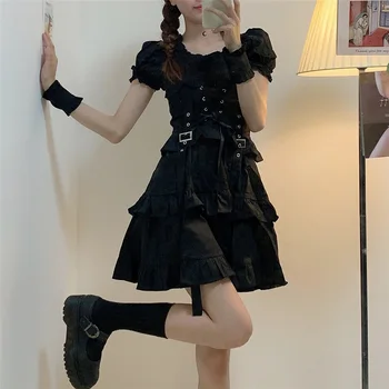 Ženske Gothic Lolita Obleko Goth Punk Gothic Harajuku Center Goth Style Povoj Črno Obleko Puff Rokav Obleka