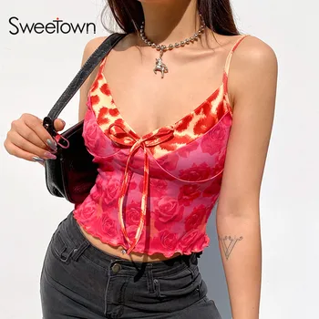 Sweetown Y2K Estetski Red Očesa Crop zgornji deli oblacil Ženske Rose Tiskanja Srčkan Kawaii Oblačila Leopard Trim Čipke letu 2000 Cami Vrh Poletje 2021