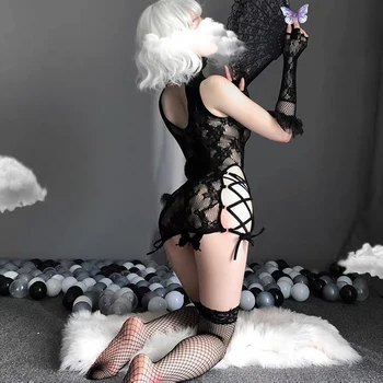 Seksi Retro Čipke Strani Traku Vlogo Igrajo Kostum Cheongsam Black Odpri Prsni Bodysuit Skušnjavi žensko Spolno Oblačila Obleko