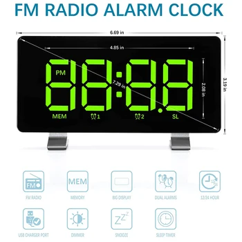Alarm Ure za Spalnice z FM-Radio, Dual Alarmi, 6.7 Palčni LED Sn, Vmesnik USB za Polnjenje, 4 Svetlost, 12/24H