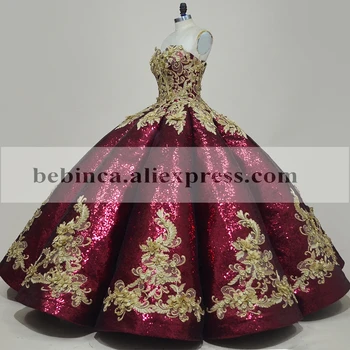 2021 Dubaj Burgundija Sequined Čipke Quinceanera Obleke Princess Obleke Žogo Sladko 15 Obleko Velikosti Po Meri