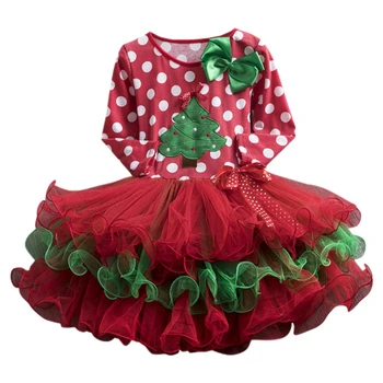 Jeseni Priložnostne Baby Dekleta Obleke Z Dolgimi Rokavi Božično Drevo Tiskanja Mozaik Mrežasto Obleko Otroci Pageant Obleke