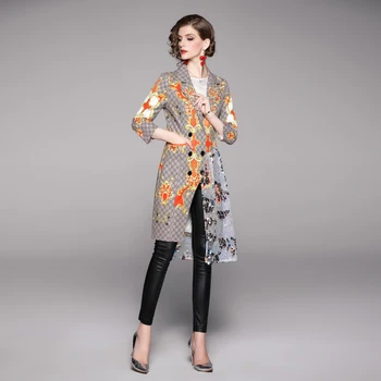 Nova Elegantna Moda za Ženske, Spomladi, Jeseni obleko ovratnik dvojno zapenjanje retro tiskanja šivanje očesa bleščica coat jarek