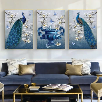 Sodoben Nordijski Doma Dekor Modra Pavi Lily Cvet Wall Art Slika na Platnu Umetniške grafike Plakat Slikarstvo Cuadros za dnevno Sobo