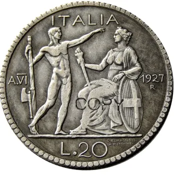 Italija 20 Lire 1927-1928 R Silver Plated Kopijo Kovancev