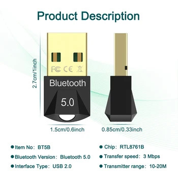 USB Bluetooth 5.0 Adapter Oddajnik 5.0 Bluetooth Sprejemnik Zvoka Bluetooth Dongle Brezžični USB Adapter za Računalnik Prenosni RAČUNALNIK