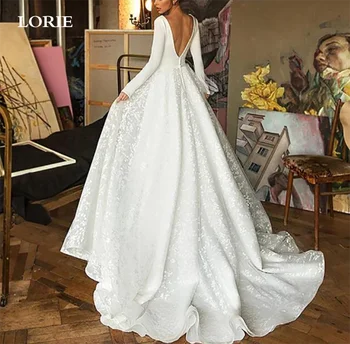LORIE Boho Čipke Poročne Obleke 2020 Dolgimi Rokavi, V-izrez Princesa Poročne Halje Mehko Saten Backless Bela Vestido de noiva