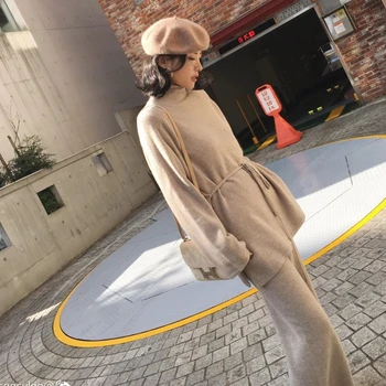 Turtleneck Čipke Dolgo Potegne Femme+Pletene Širok Noge Hlače 2020 Trdna 2 Kos Hlače Komplet Obleke Jeseni Korejski Pleteni Pulover