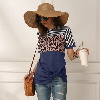 Moda za Ženske Priložnostne Kratek Rokav Poletje T-shirt Leopard Proge Šivanje majica s kratkimi rokavi Top Tees Femme Dame Tshirt Oblačila Mehko