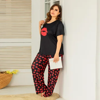 Plus Velikost 8XL 140 KG Sleepwear Kompleti Za Ženske Pižame Kratek Rokav vrhovi in hlače Ustnice Natisnjeni HomeWear Femme Perilo Pijamas
