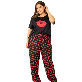 Plus Velikost 8XL 140 KG Sleepwear Kompleti Za Ženske Pižame Kratek Rokav vrhovi in hlače Ustnice Natisnjeni HomeWear Femme Perilo Pijamas