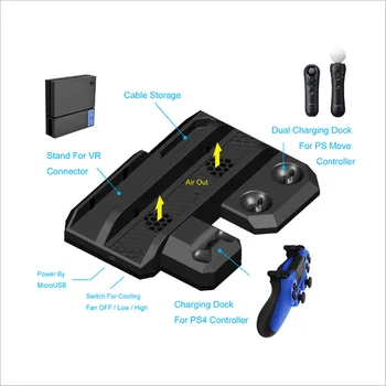 PS4 Pro Slim/PS VR Premaknete Navpično Hlajenje Stojalo Krmilnik Polnilnik za Polnjenje Dock za PS VR Očala/PS4 Series/Move Controller
