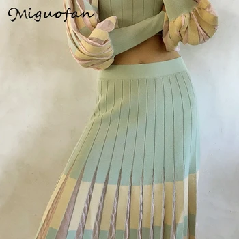 Miguofan nabrano krilo pletene poletje priložnostne visoko pasu prugasta boho dolgo krilo moda za ženske faldas largas mujer za leto 2020 nova