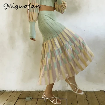 Miguofan nabrano krilo pletene poletje priložnostne visoko pasu prugasta boho dolgo krilo moda za ženske faldas largas mujer za leto 2020 nova